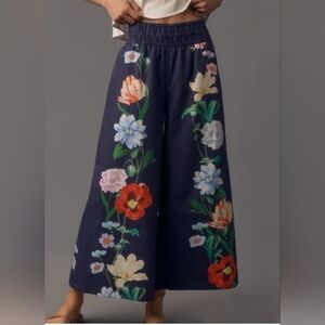 Anthropologie Navy Wide-Leg Floral Pants